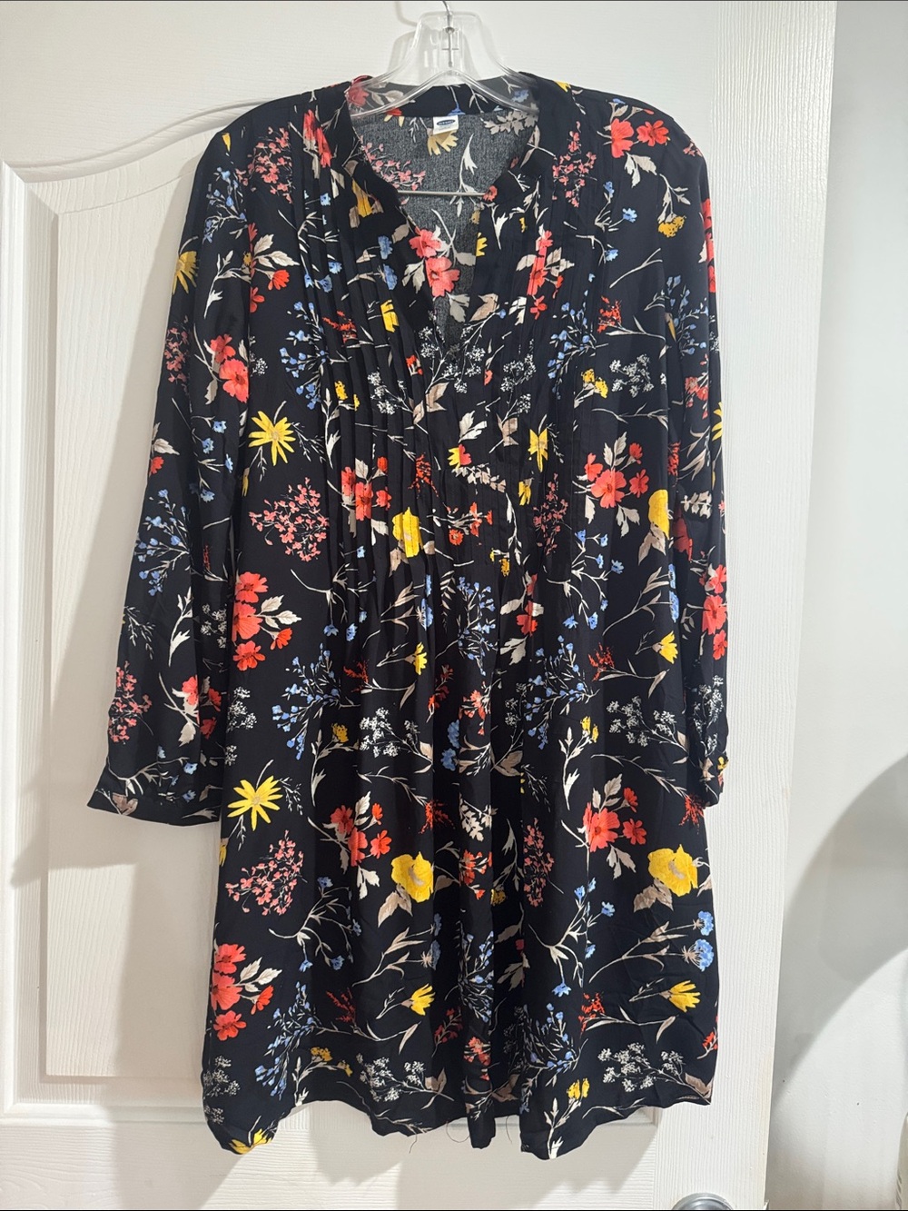 Old Navy Black Floral Tunic Dress with Red, Yellow & Blue Flowers